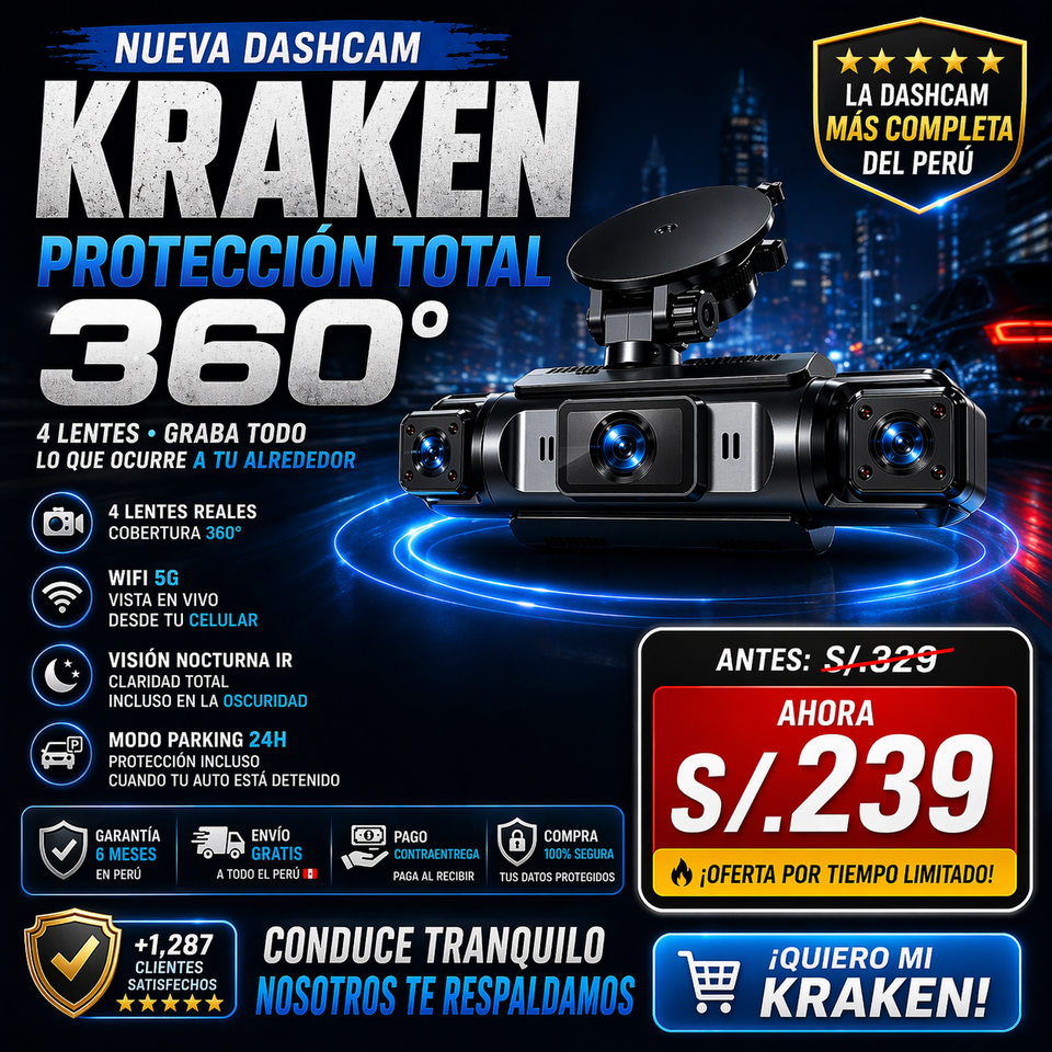 NUEVA DASHCAM KRAKEN WIFI 4 LENTES 360°